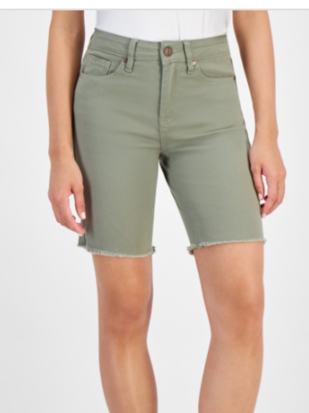 Dollhouse Juniors' High-Rise Frayed-Hem MIDI Shorts - Light Olive SIZE 0 US NWT